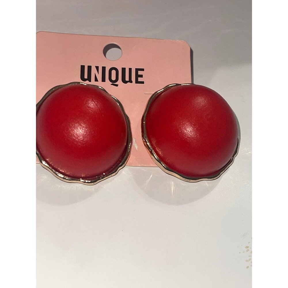 Oversized Round Gold Metal Studs Featuring Domed Red Wood Detail